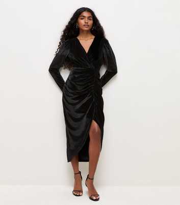 Petite Black Velvet Wrap Long Sleeve Midi Dress