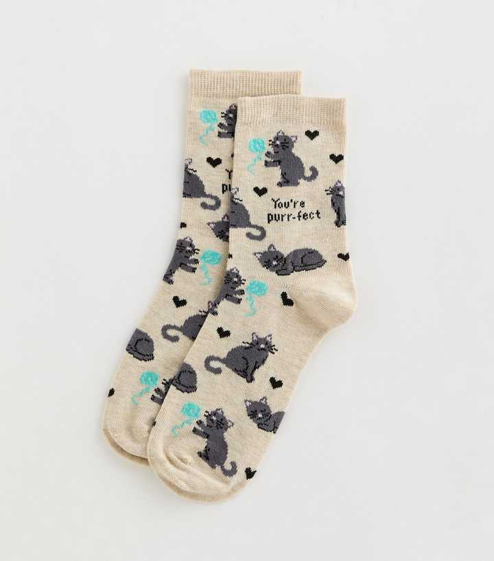 Oatmeal You're Purrfect Cat Patterned Ankle Socks