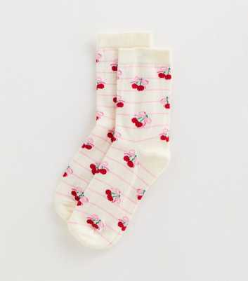 Cream Stripe Cherry Bow Ankle Socks