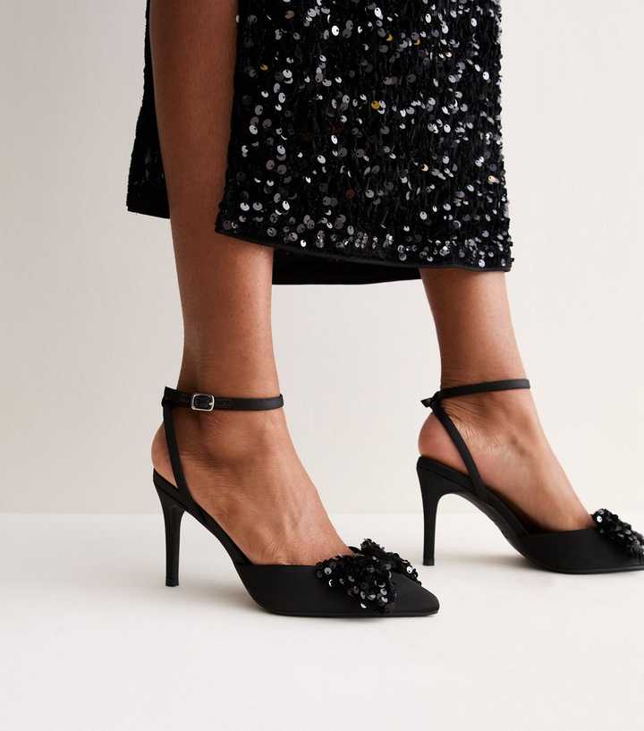 Black Satin Sequin Bow Stiletto Sandals