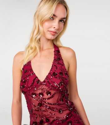 Pink Vanilla Dark Burgundy Floral Sequin Halter Top