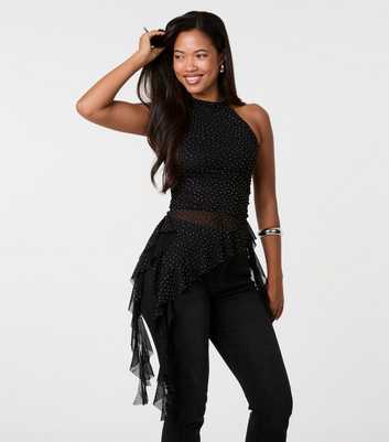 Pink Vanilla Black Diamante High Neck Frill Trim Top