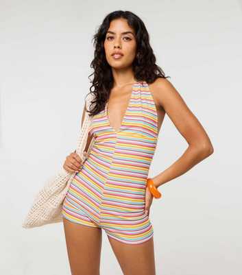 Pink Vanilla Multicoloured Striped Halterneck Playsuit