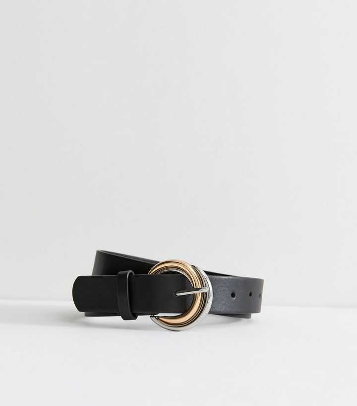 Black Faux Leather Mixed Metal Buckle Belt