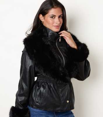 Blue Vanilla Black Faux Leather Faux Fur Trim Jacket