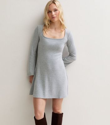 grey long sleeve mini dress Petite Light Square Neck flatlock seams