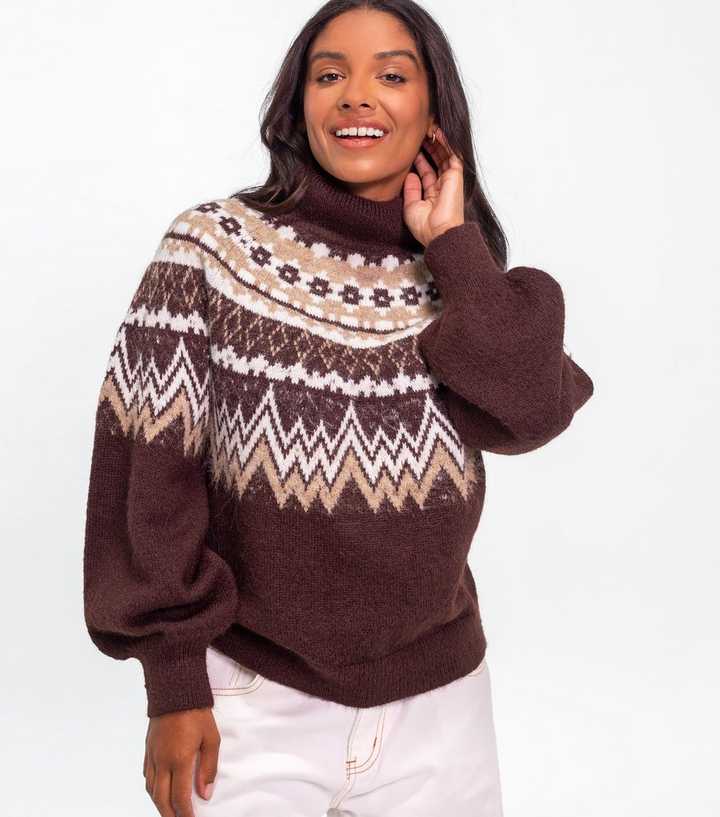 Sunshine Soul Brown Fair Isle Knit Roll Neck Jumper