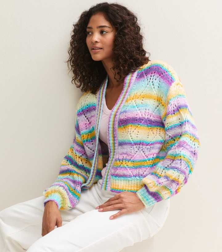Sunshine Soul Bright Purple Striped Pointelle Knit Open Cardigan