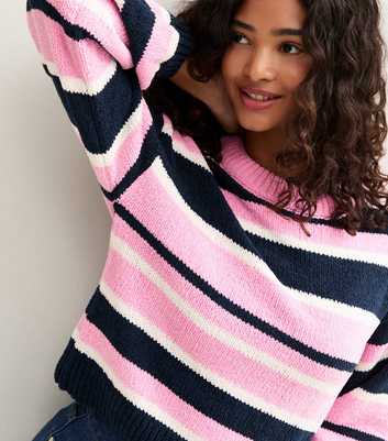 Sunshine Soul Navy Knitted Striped Crew Neck Jumper