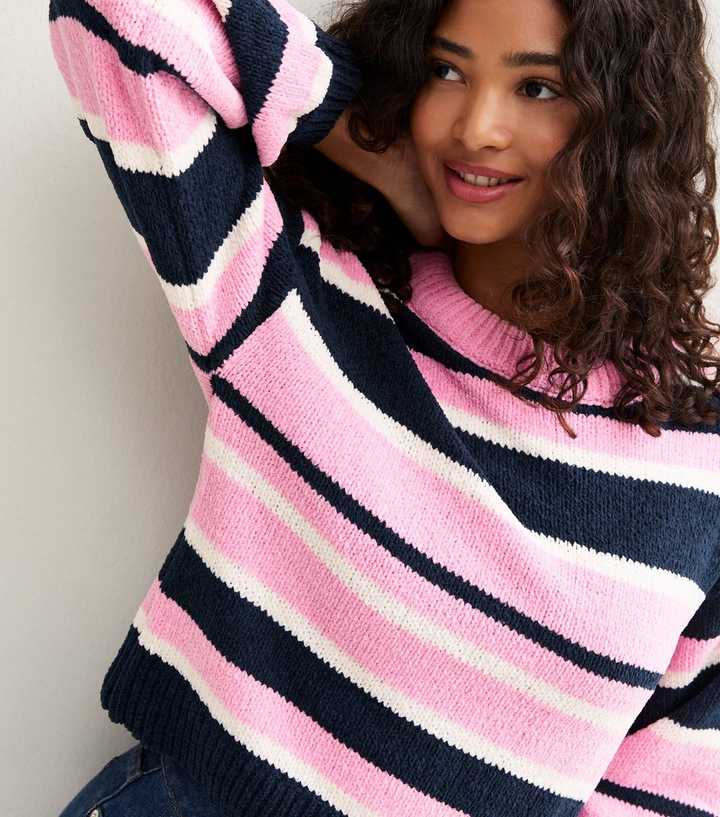 Sunshine Soul Navy Knitted Striped Crew Neck Jumper