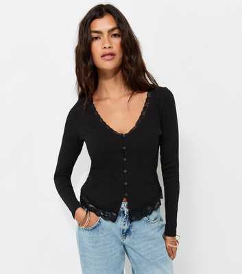 Black Cotton Rich Lace Trim V-Neck Button Front Top