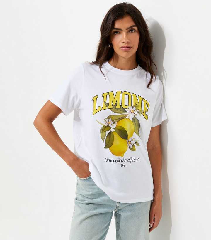 White Cotton Limone Print Crew Neck T-Shirt
