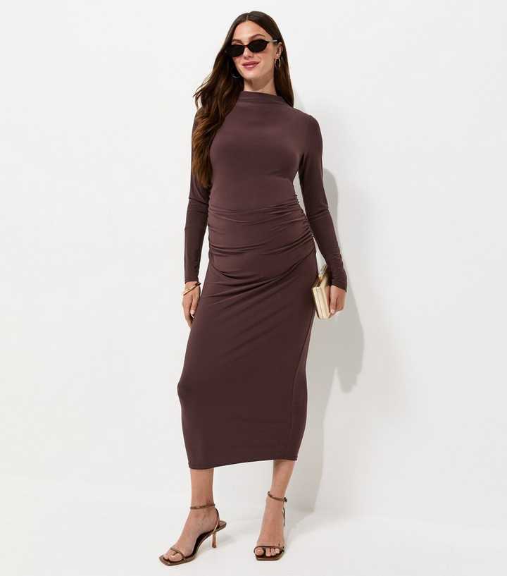 Maternity Dark Brown Long Sleeve High Neck Ruched Midi Dress