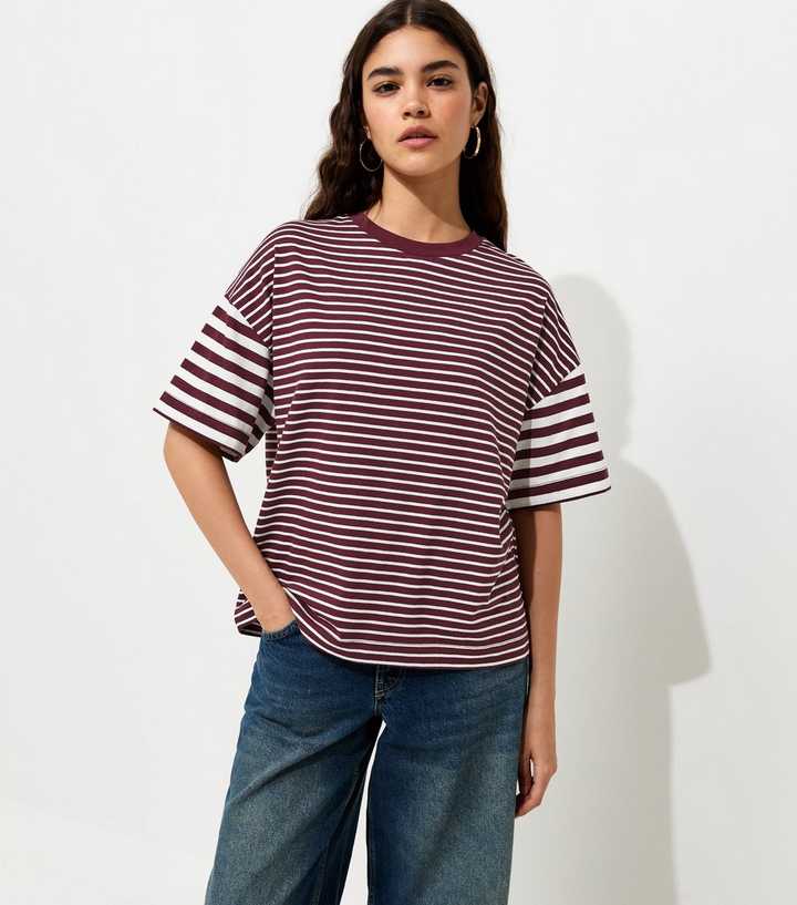Burgundy Cotton Striped Oversized T-Shirt