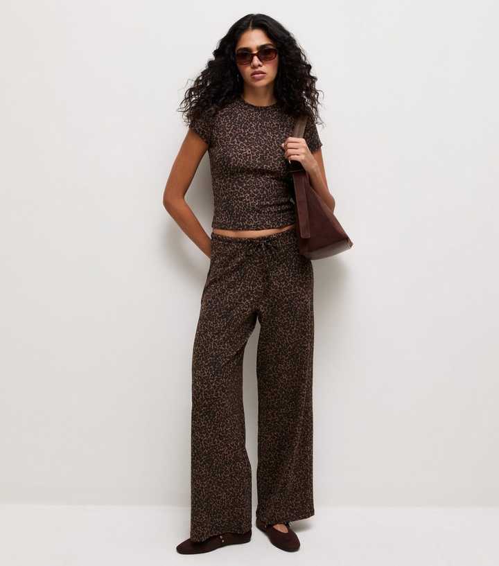 Brown Cotton Rich Animal Print Wide Leg Trousers