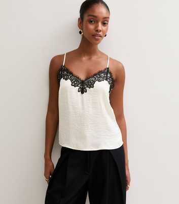 Cream Satin Lace Trim V-Neck Cami Top