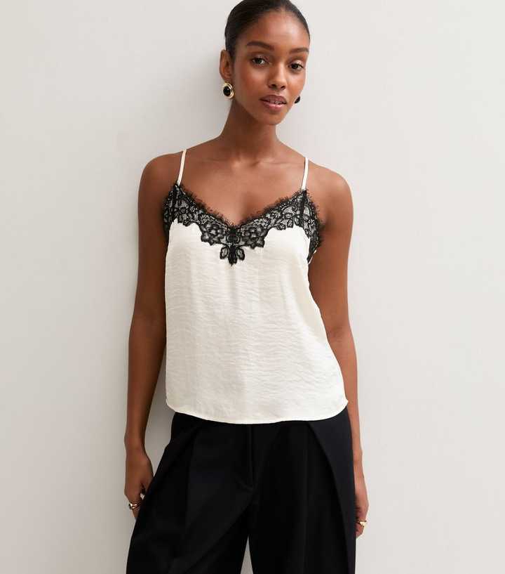 Cream Satin Lace Trim V-Neck Cami Top
