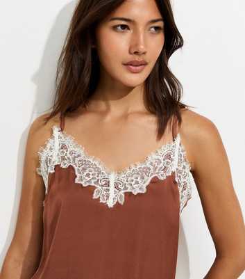 Dark Brown Satin Lace Trim V-Neck Cami Top