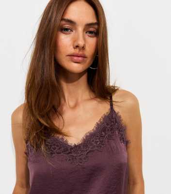 Dark Burgundy Satin Lace Trim V-Neck Cami Top