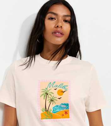 Off White Cotton Malibu Beach Print T-Shirt