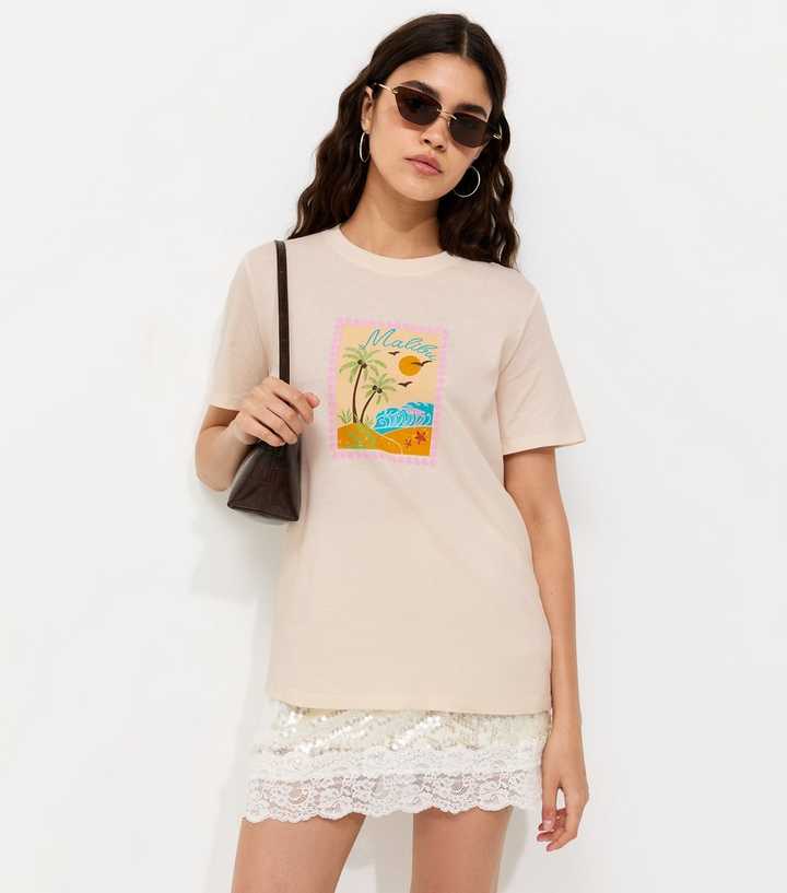 Off White Cotton Malibu Beach Print T-Shirt