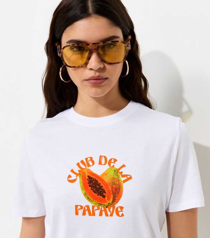 White Cotton Papaya Print Relaxed Fit T-Shirt