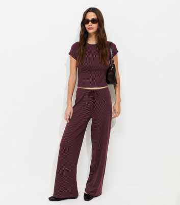 Burgundy Polka Dot Drawstring Wide Leg Trousers