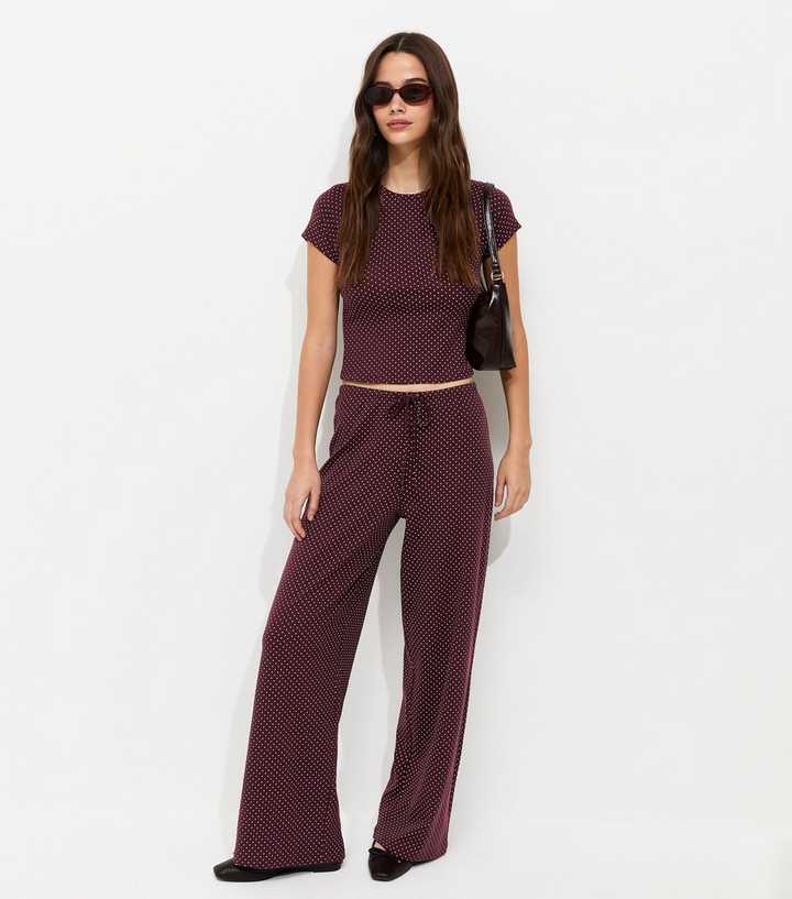 Burgundy Polka Dot Drawstring Wide Leg Trousers