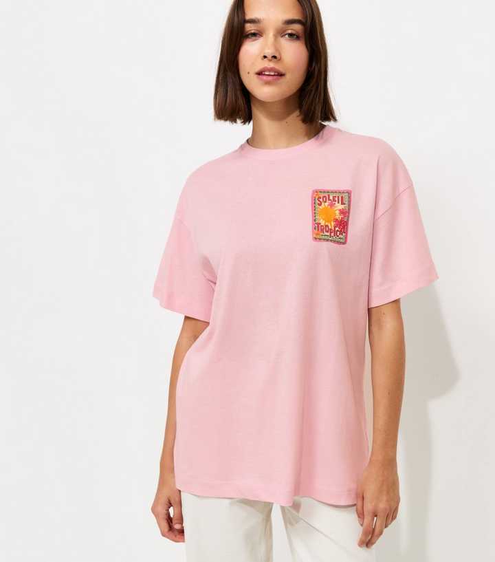 Light Pink Soleil Tropical Stamp Print Oversized T-Shirt