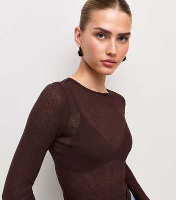 Dark Brown Semi Sheer Jersey Long Sleeve Crew Neck Top
