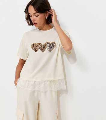 Cream Cotton Foil Heart Lace Hem Boxy T-Shirt