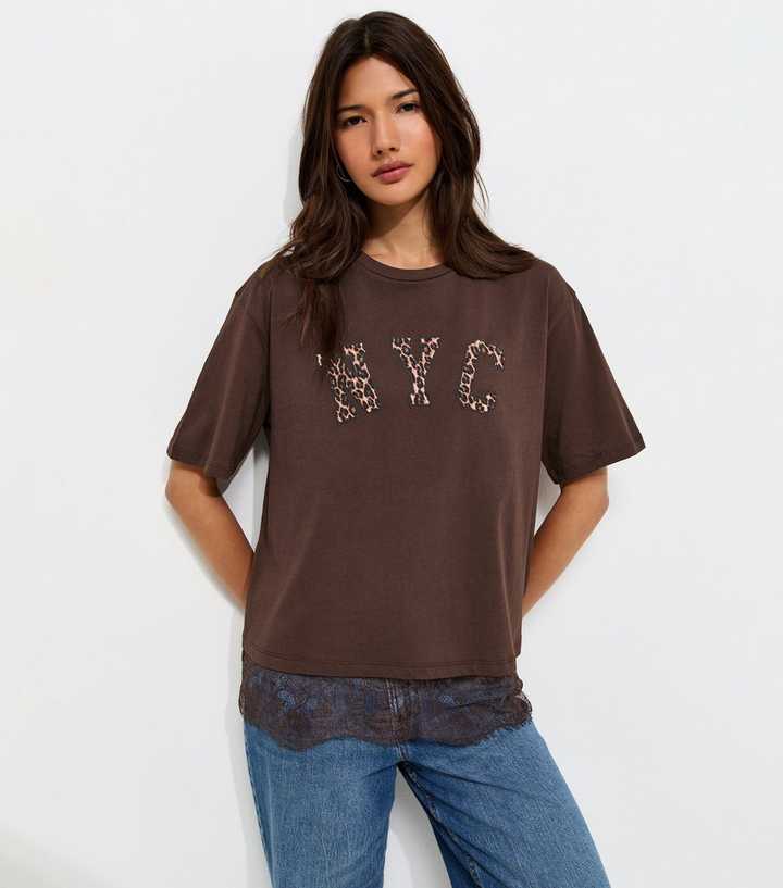 Dark Brown Cotton Leopard Print NYC Lace Trim Boxy T-Shirt