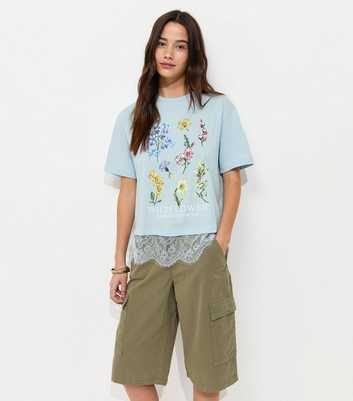 Light Blue Cotton Wildflower Lace Hem Boxy T-Shirt