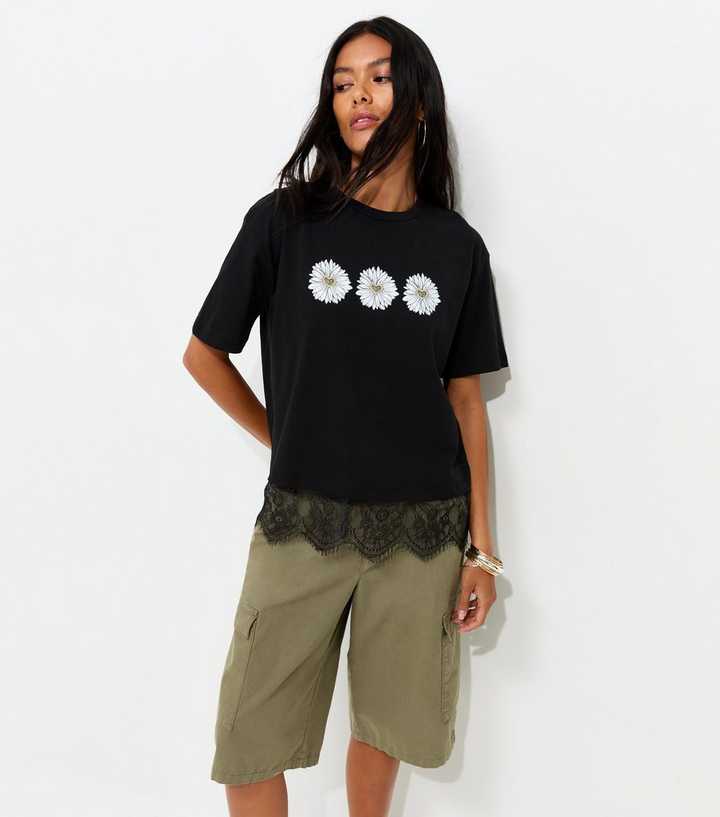 Black Cotton Boxy Daisy Print Lace Hem T-Shirt