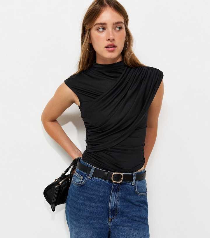 Black Jersey Draped Sleeveless Top