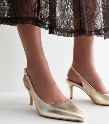 Gold Faux Leather Slingback Strap Mid Height Heels
