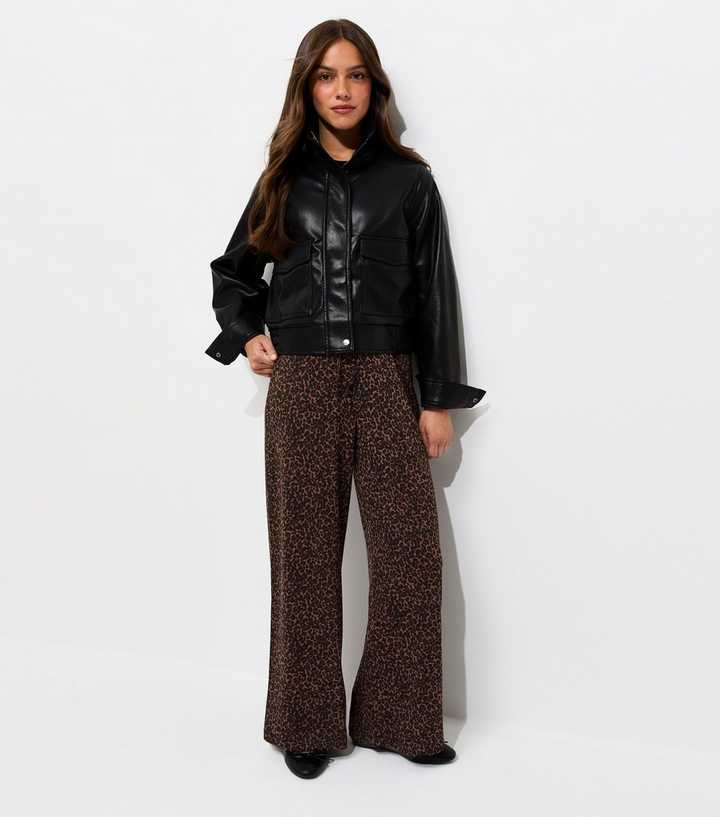 Petite Brown Cotton Rich Leopard Print Wide Leg Trousers