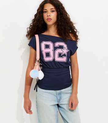 Girls Navy Cinched Waist 82 Star Print Slash Neck Top