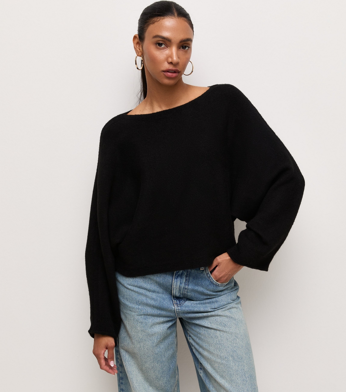 Women's Black Slash Neck Batwing Sleeve Jumper New Look