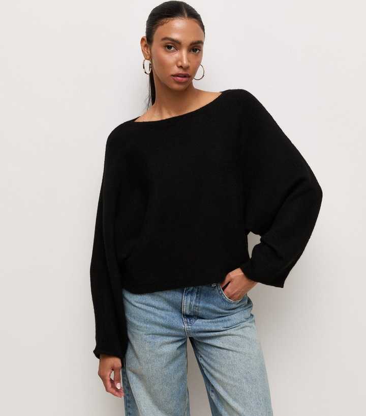 Black Slash Neck Batwing Sleeve Jumper