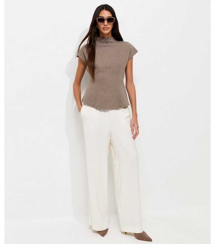 Dark Mink Cotton Rich Soft Touch High Neck Peplum Top