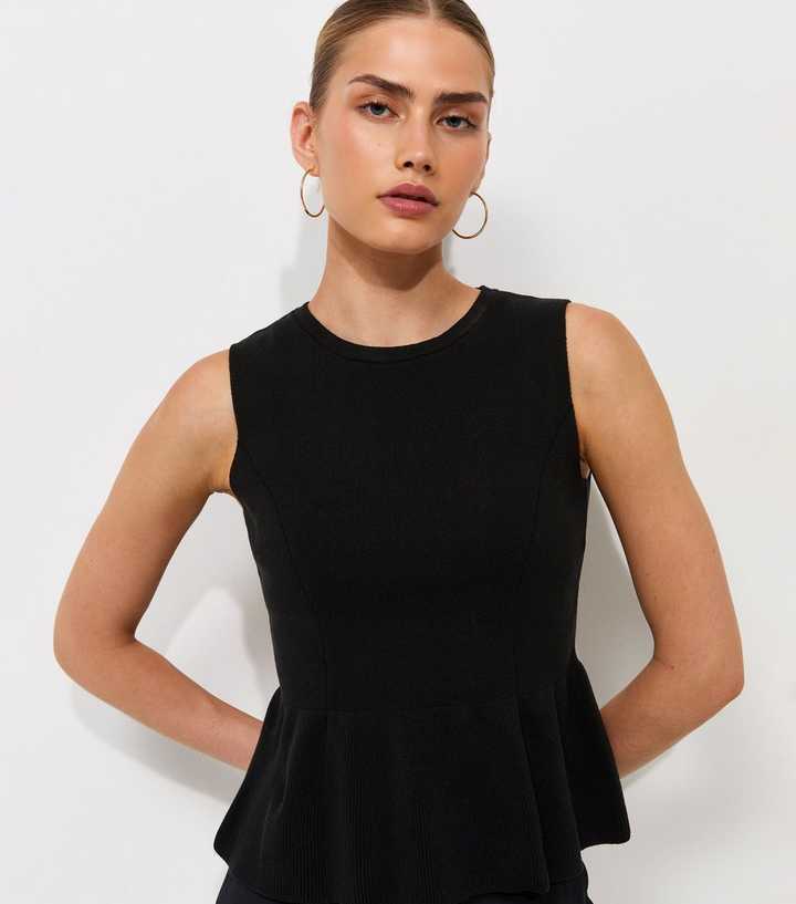 Black Compact Knit Peplum Waist Vest Top