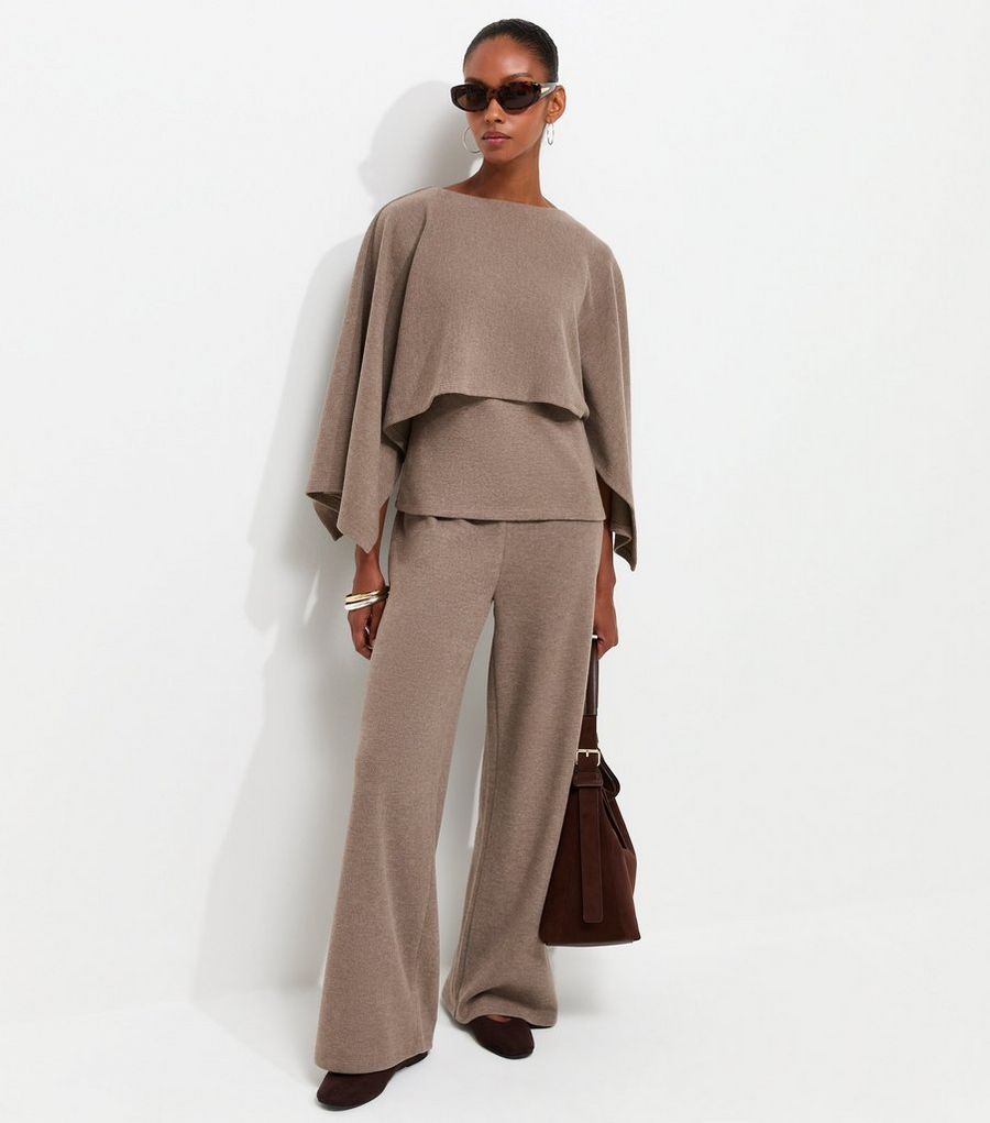Dark Mink Cotton Rich Soft Touch Wide Leg Trousers