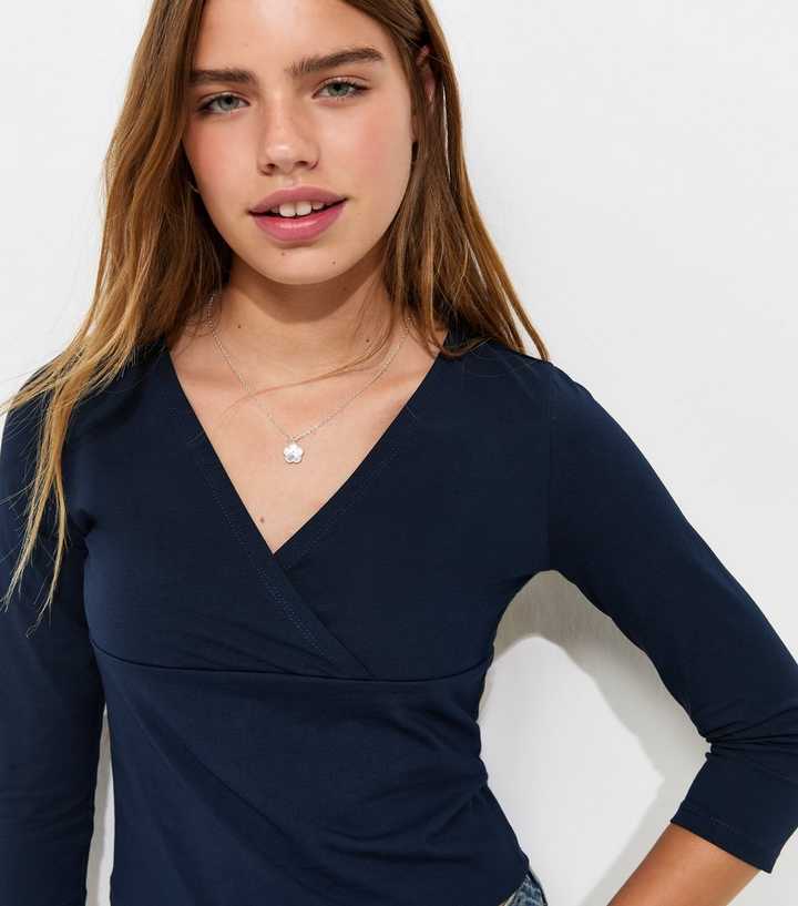 Girls Navy Cotton Rich Cropped Sleeve V Neck Top