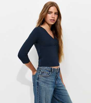 Girls Navy Cotton Rich Cropped Sleeve V Neck Top