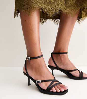 Black Faux Leather Diamante Buckle Stiletto Heel Sandals