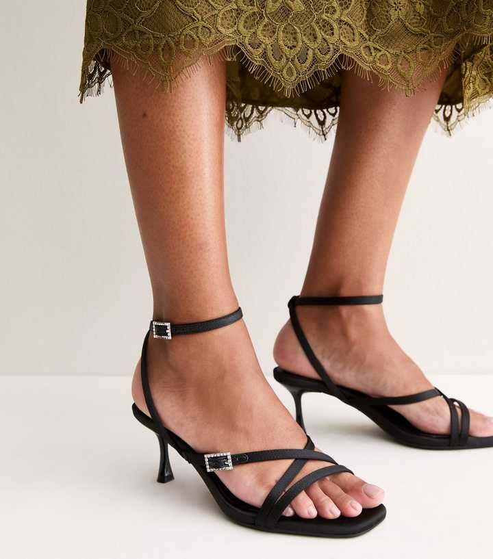 Black Faux Leather Diamante Buckle Stiletto Heel Sandals