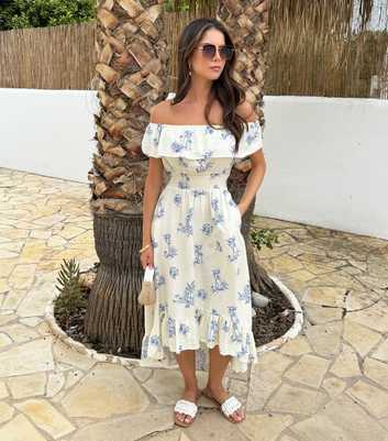AX Paris Blue Beach Print Bardot Frill Midi Dress
