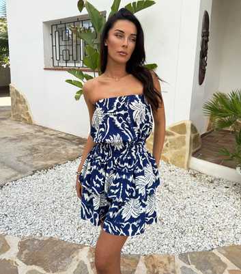 AX Paris Blue Palm Tree Print Strapless Mini Dress