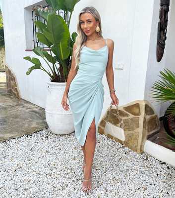AX Paris Light Blue Ruched Cowl Neck Midi Dress